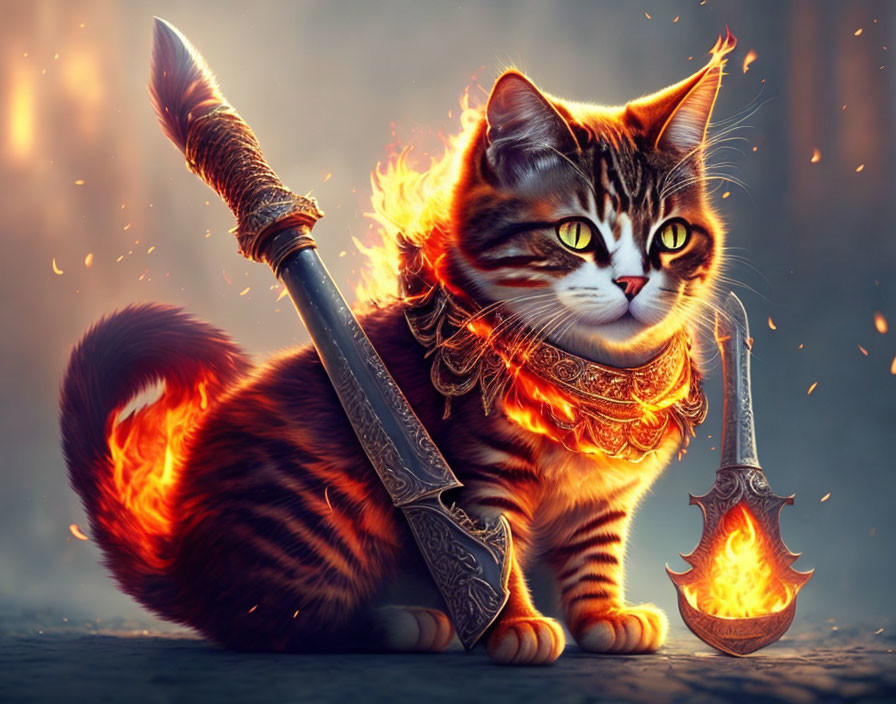 Fantasy warrior cat with fiery aura, ornate collar, flaming sword, and axe