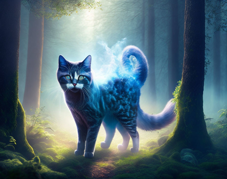 Mystical cat with glowing blue eyes in enchanted forest