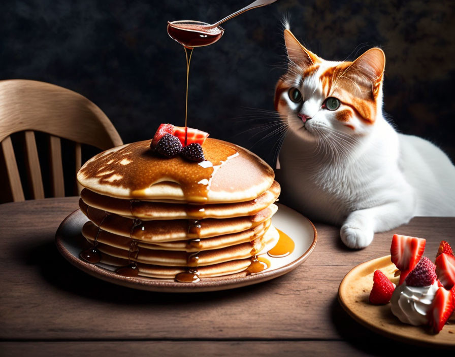 Cat staring at stack of pancakes with syrup, strawberries, and cream on dark background