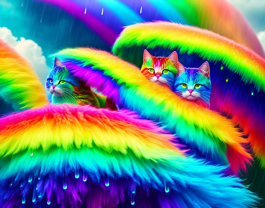 Three rainbow-winged cats under a rainbow sky with rain.