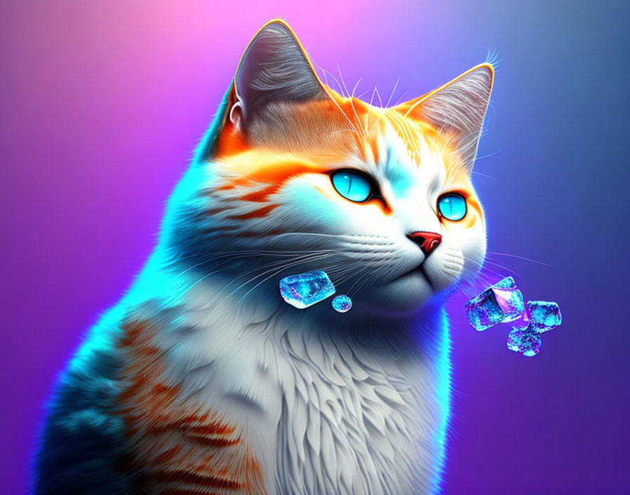 Colorful digital artwork: Cat with glowing eyes and gemstones on purple gradient.