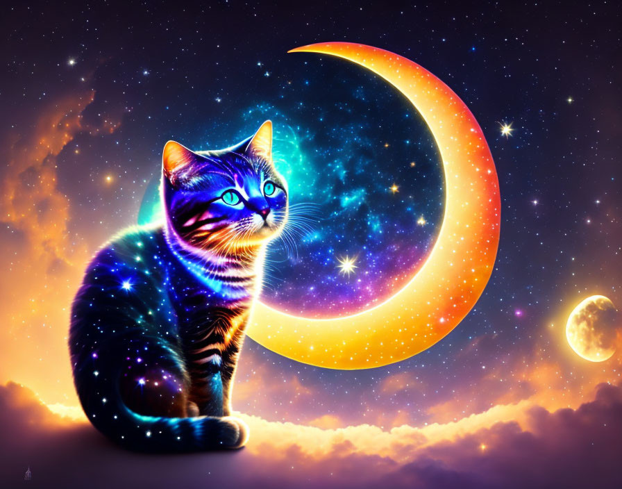 Colorful Cosmic Cat Artwork with Galaxy Pattern and Crescent Moon