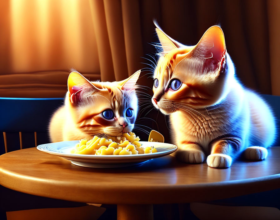 Two animated kittens mesmerized by pasta on wooden table