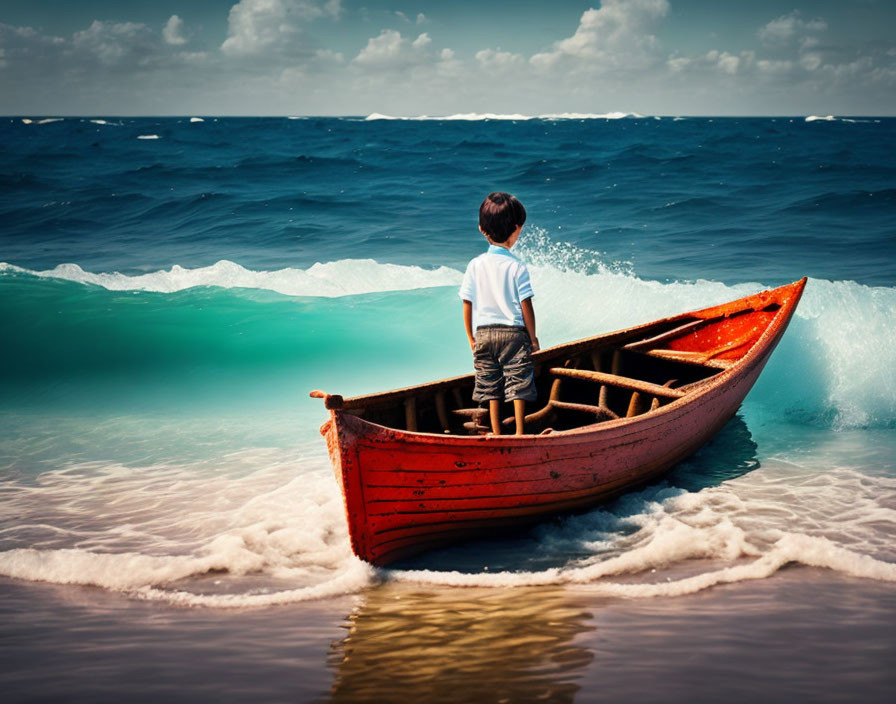 Child in Red Boat Reaching Shore with Crashing Waves and Blue Sky