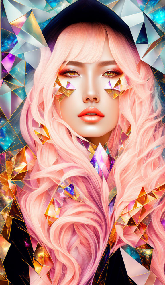 Stylized portrait of woman with pink hair and geometric shapes