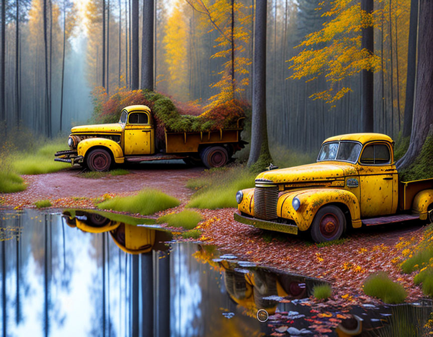 Vintage yellow trucks covered in moss in autumn forest with water reflection