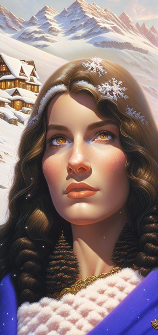 Digital artwork featuring woman with dark curls, golden eyes, snowflakes, snowy mountain landscape.