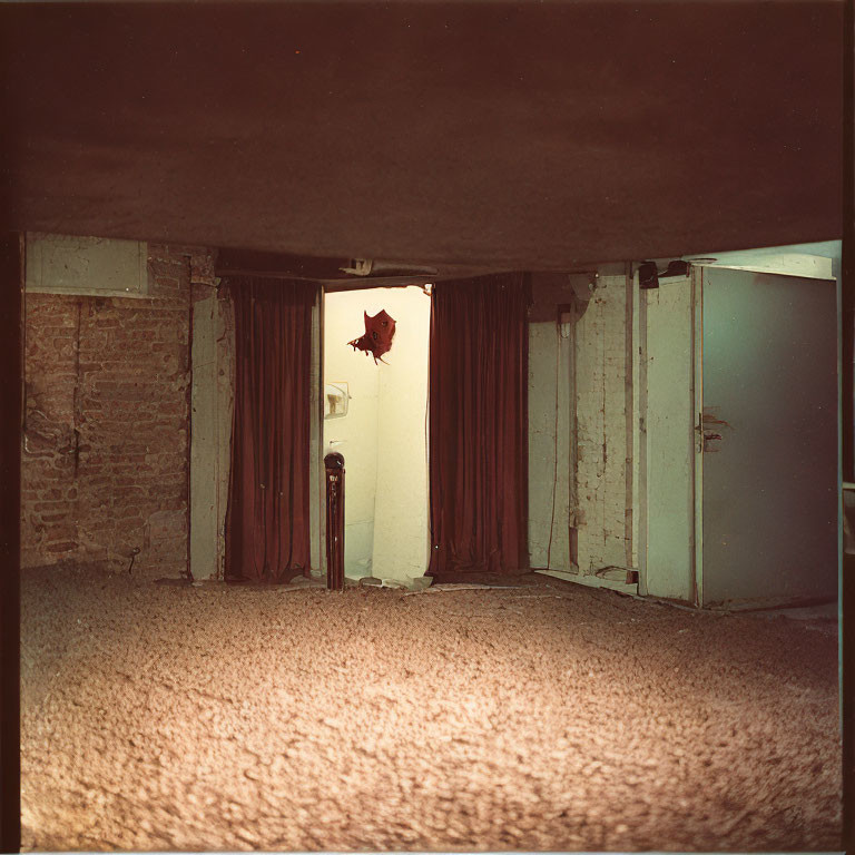 Dimly Lit Room with Exposed Brick Walls, Red Curtain, White Door, Shaggy Carpet