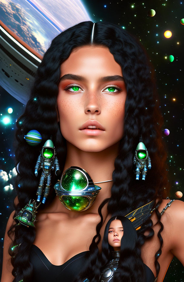 Digital Artwork: Woman with Green Eyes and Black Hair in Cosmic Setting