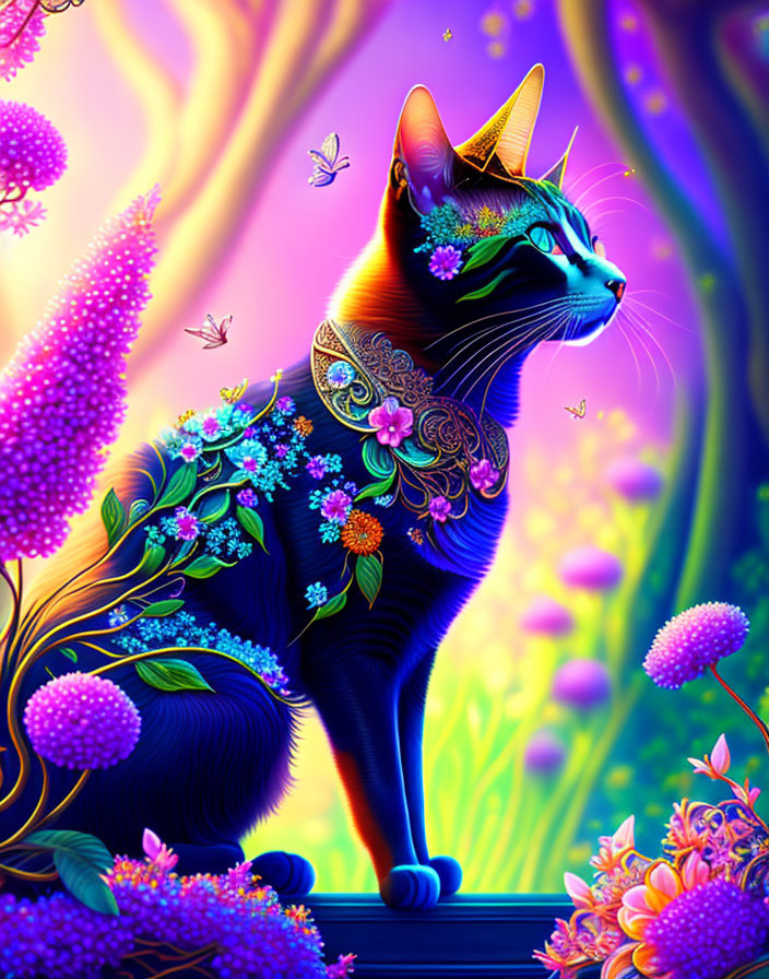 Colorful Artwork: Majestic Cat with Floral Patterns and Butterflies