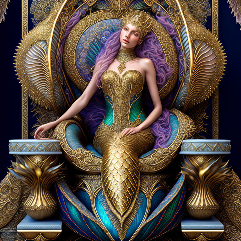 Regal fantasy woman with purple hair on golden throne with peacock feather designs