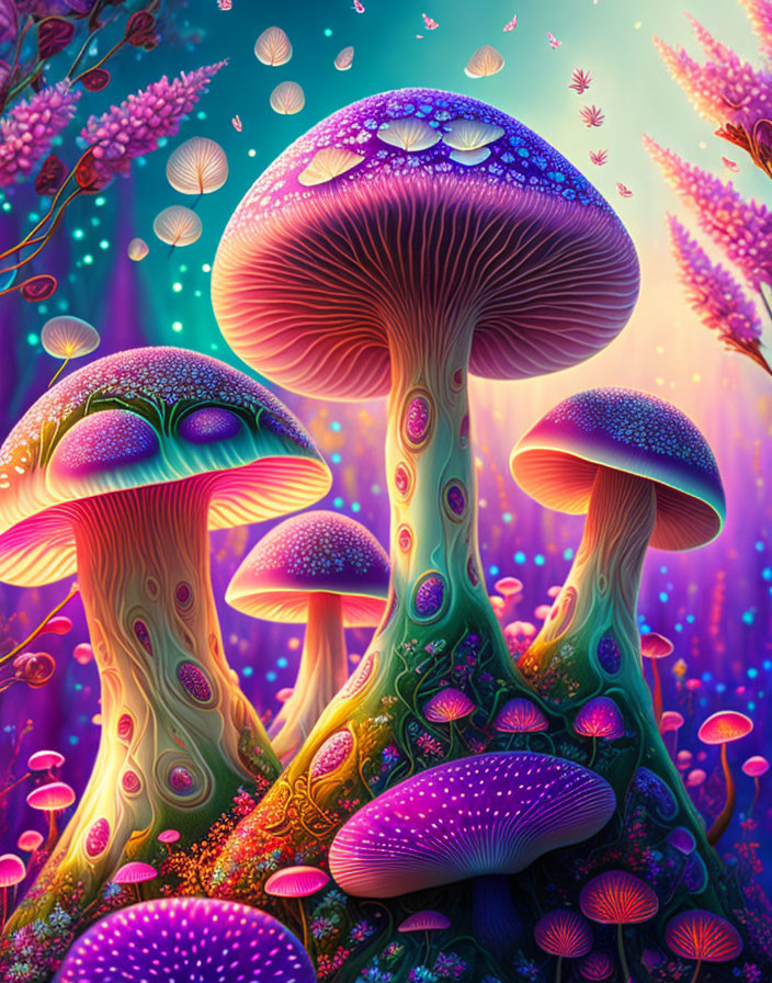 Colorful Mushrooms in Fantastical Forest with Glowing Details