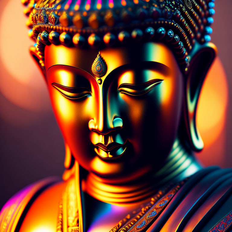 Golden Buddha Statue: Serene Facial Features and Intricate Headwear