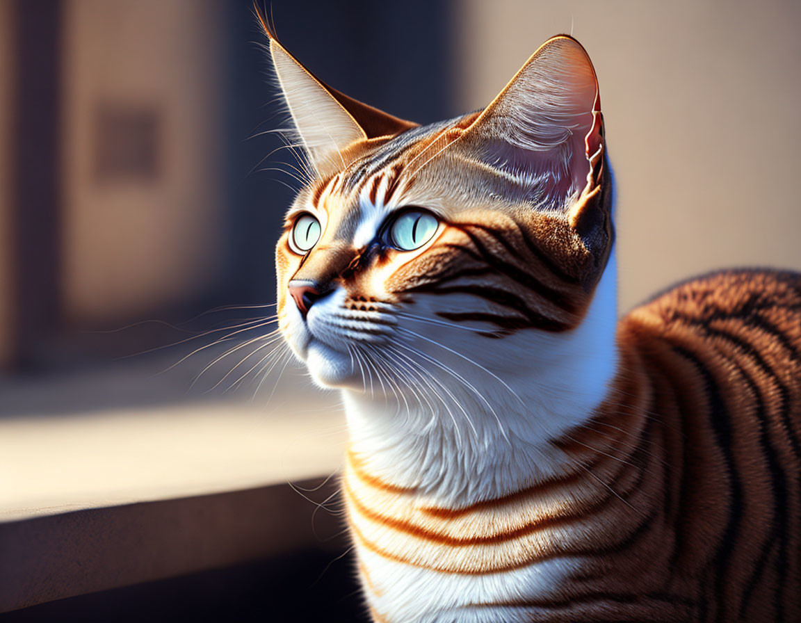 Striped Cat with Bright Green Eyes Looking Out Window in Sunlight