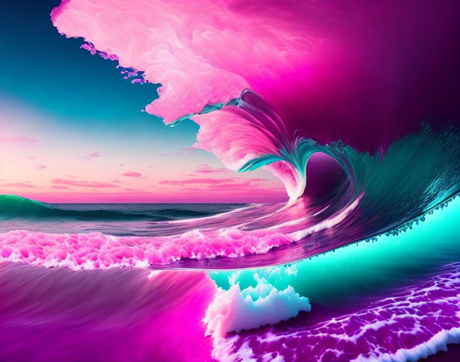 Colorful digitally altered wave against sunset sky in pink and teal.