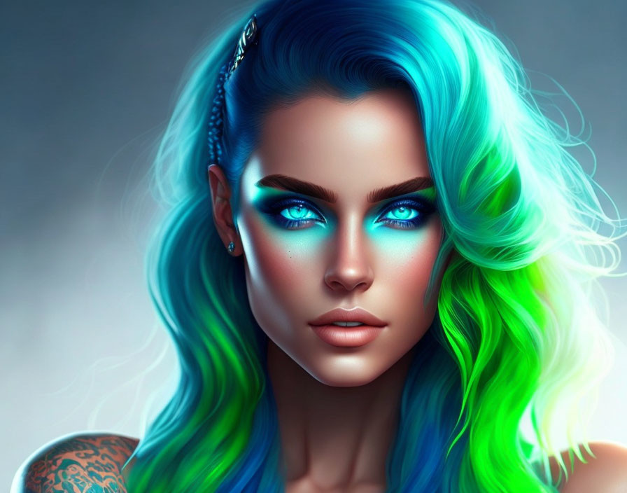 Vibrant digital artwork of a woman with blue and green hair and striking eyes