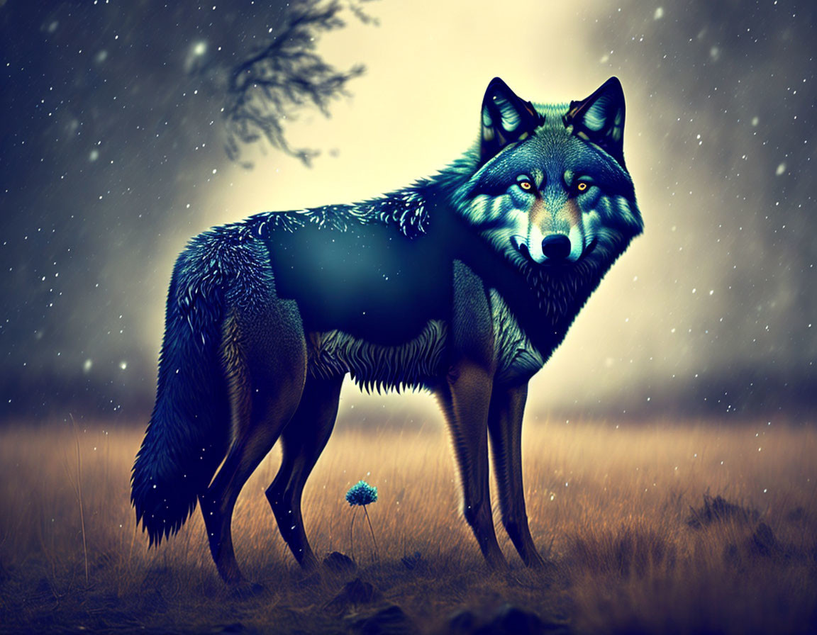 Blue-Toned Wolf in Mystical Nighttime Field with Falling Stars