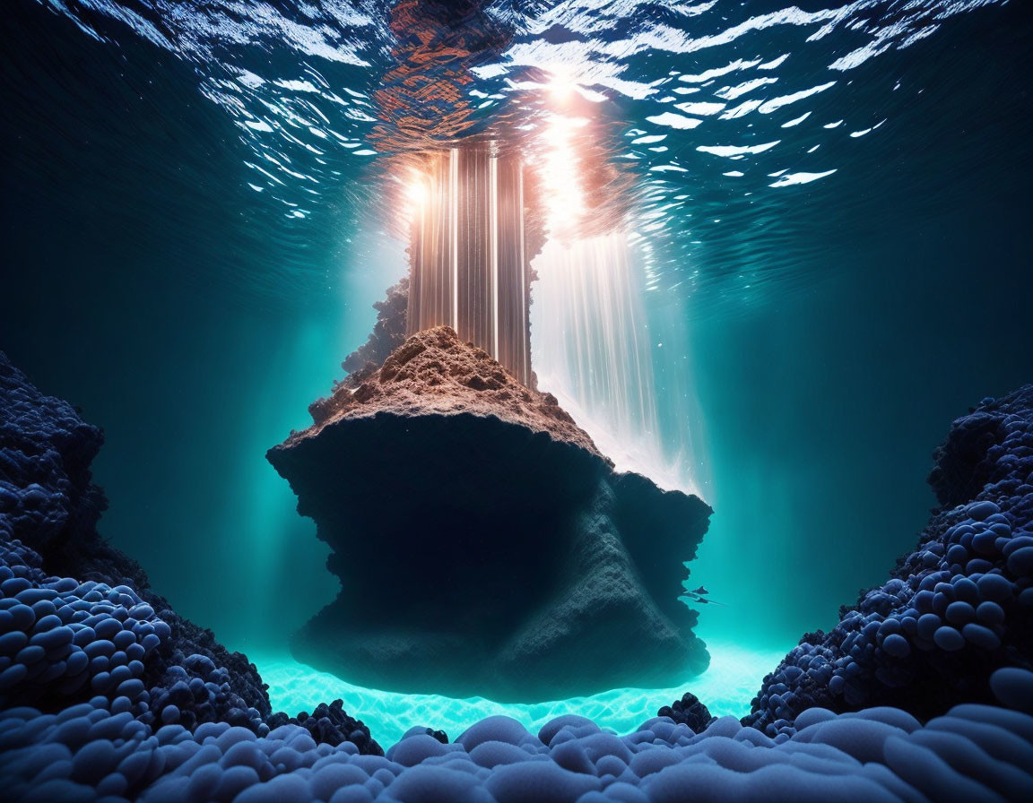 Sunlight Illuminating Underwater Rock Formation and Coral Reefs