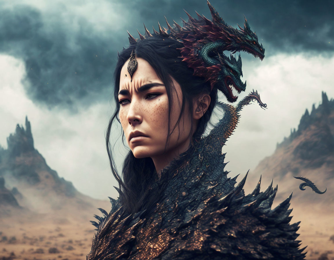 Dark-haired woman in dragon armor with freckles, standing with dragon against stormy mountains