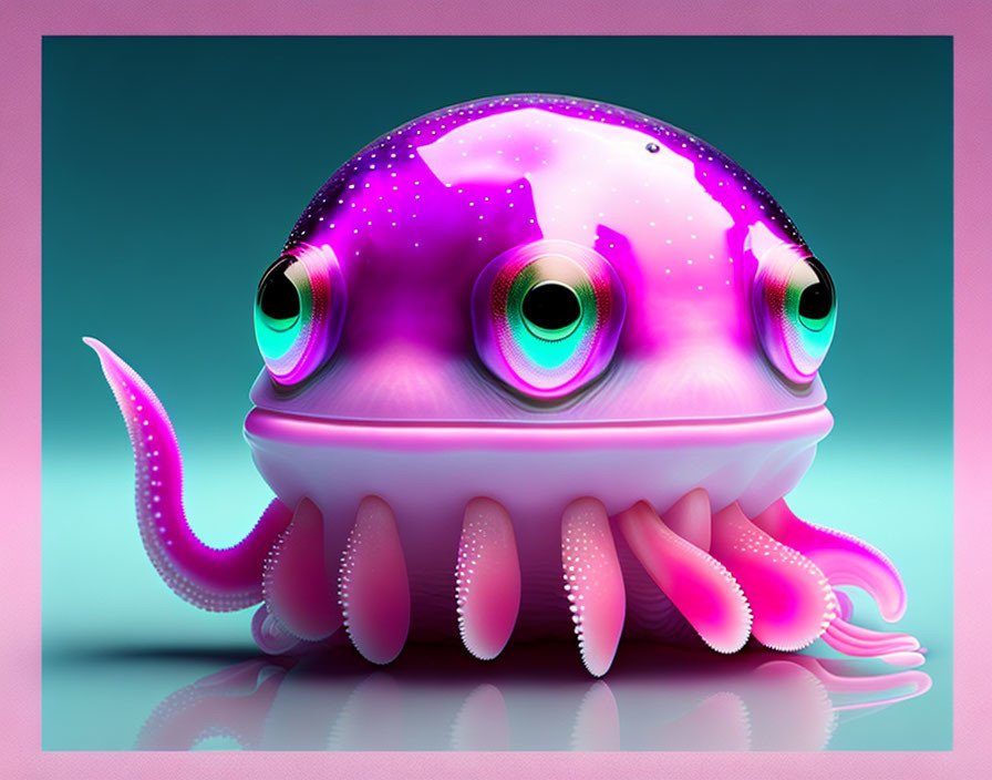 Whimsical multiple-eyed creature with pink body and tentacles on teal backdrop