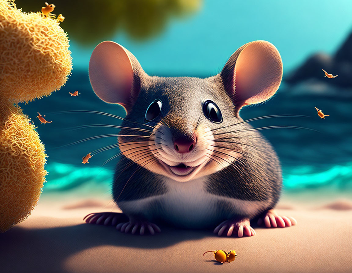 Animated mouse with big ears on sandy surface with insects and coastal background