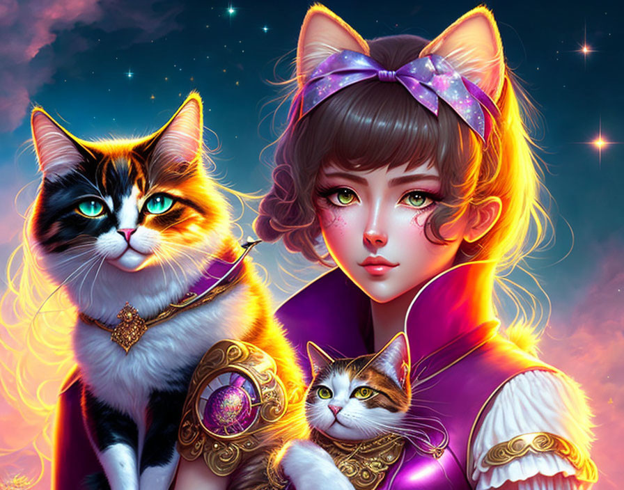 Illustration of girl with purple ribbon, regal cats, starry sky