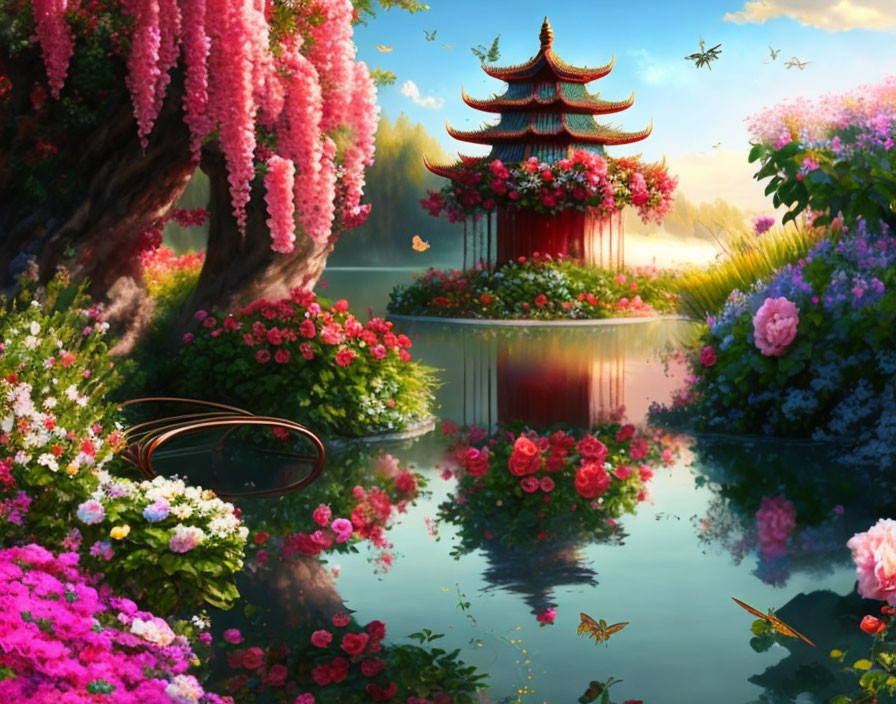 Colorful Fantasy Garden with Flowers, Pond, Pagoda, and Butterflies