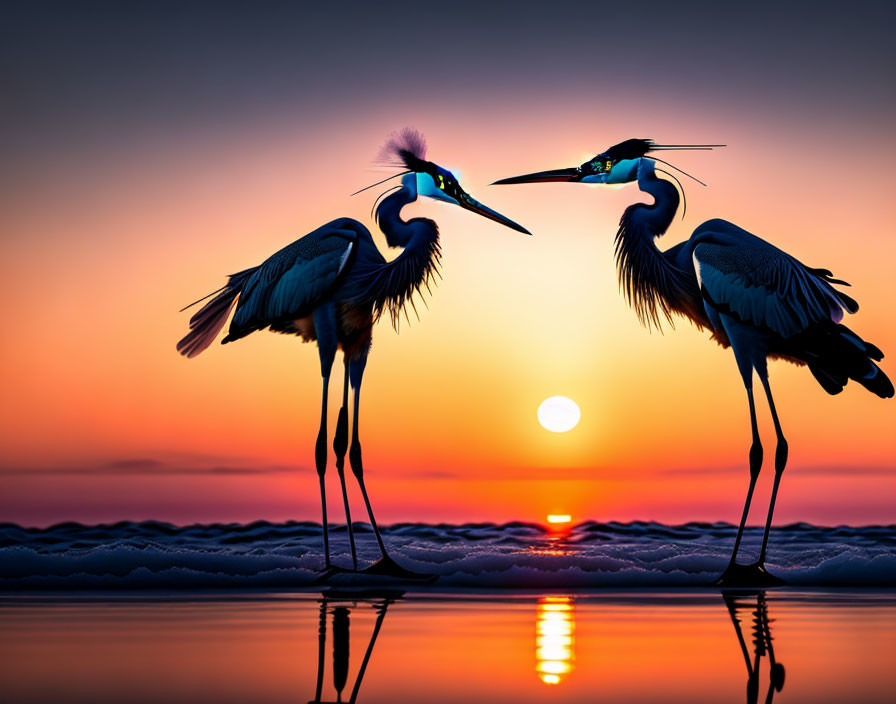 Two herons facing each other at sunset with water reflection