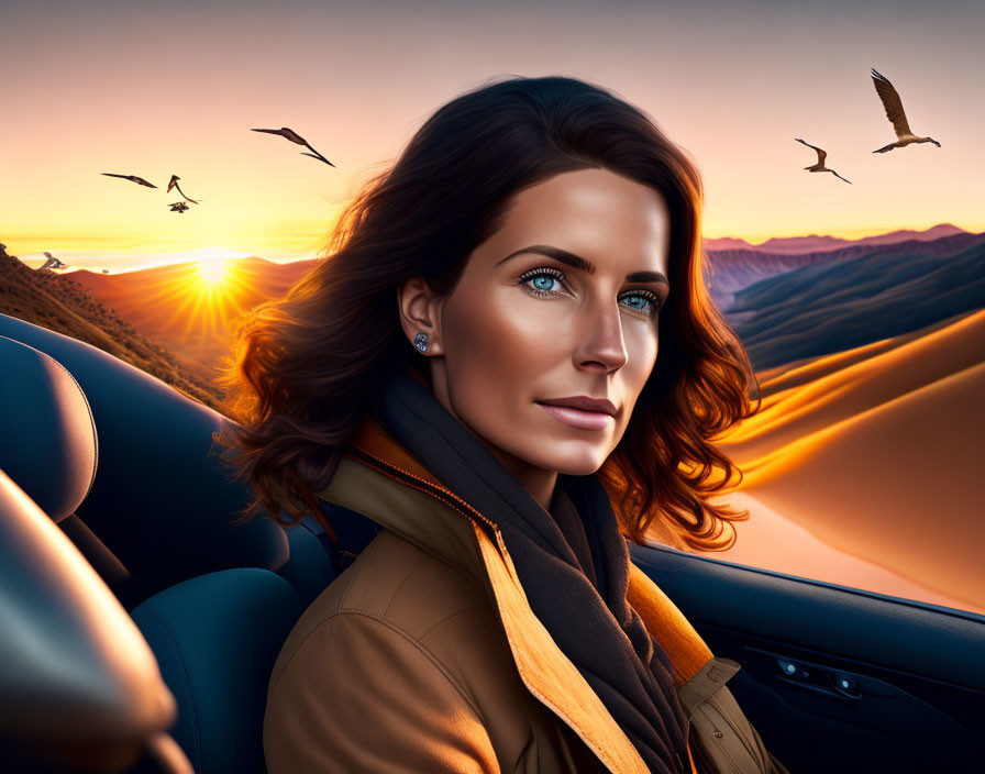 Woman in car watching sunset over desert dunes with flying birds