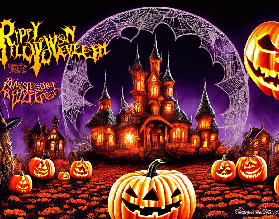 Spooky Halloween-themed illustration with haunted house, jack-o'-lanterns, bats, full moon