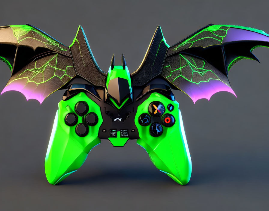 Green and Black Game Controller with Bat-Like Wings and Neon Circuit Patterns on Gray Background