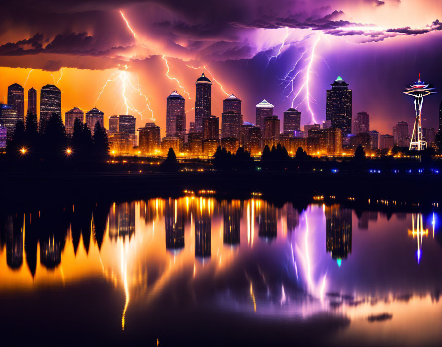 City skyline at dusk with lightning, water reflections, and unique tower