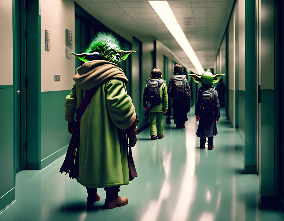 Four Yoda characters in green robes and ears walking, one with a cane