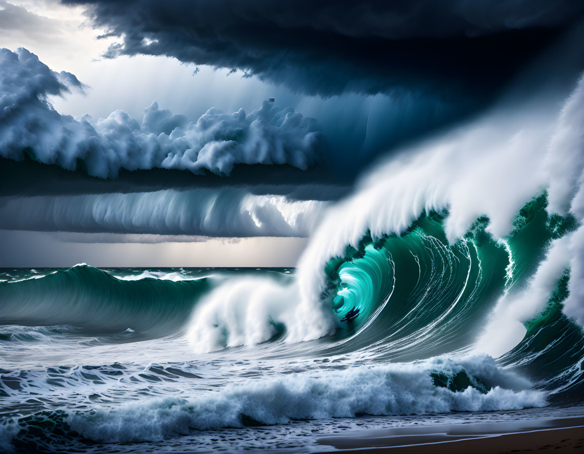 Dramatic ocean scene with stormy skies and towering waves