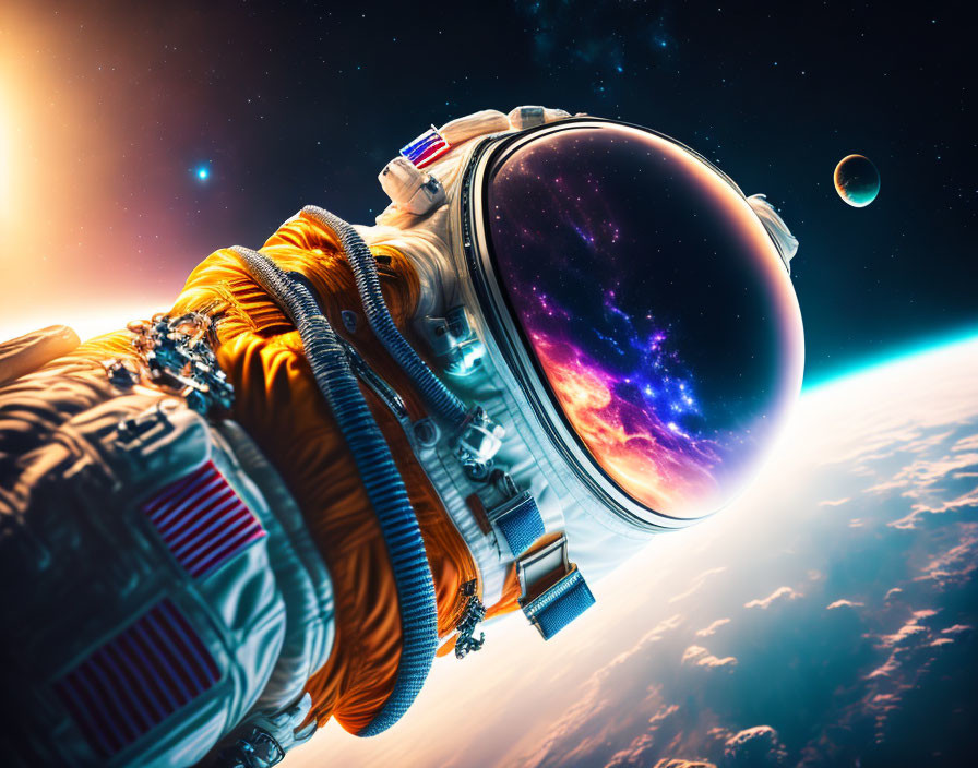 Astronaut in space suit reflecting vibrant nebula above Earth