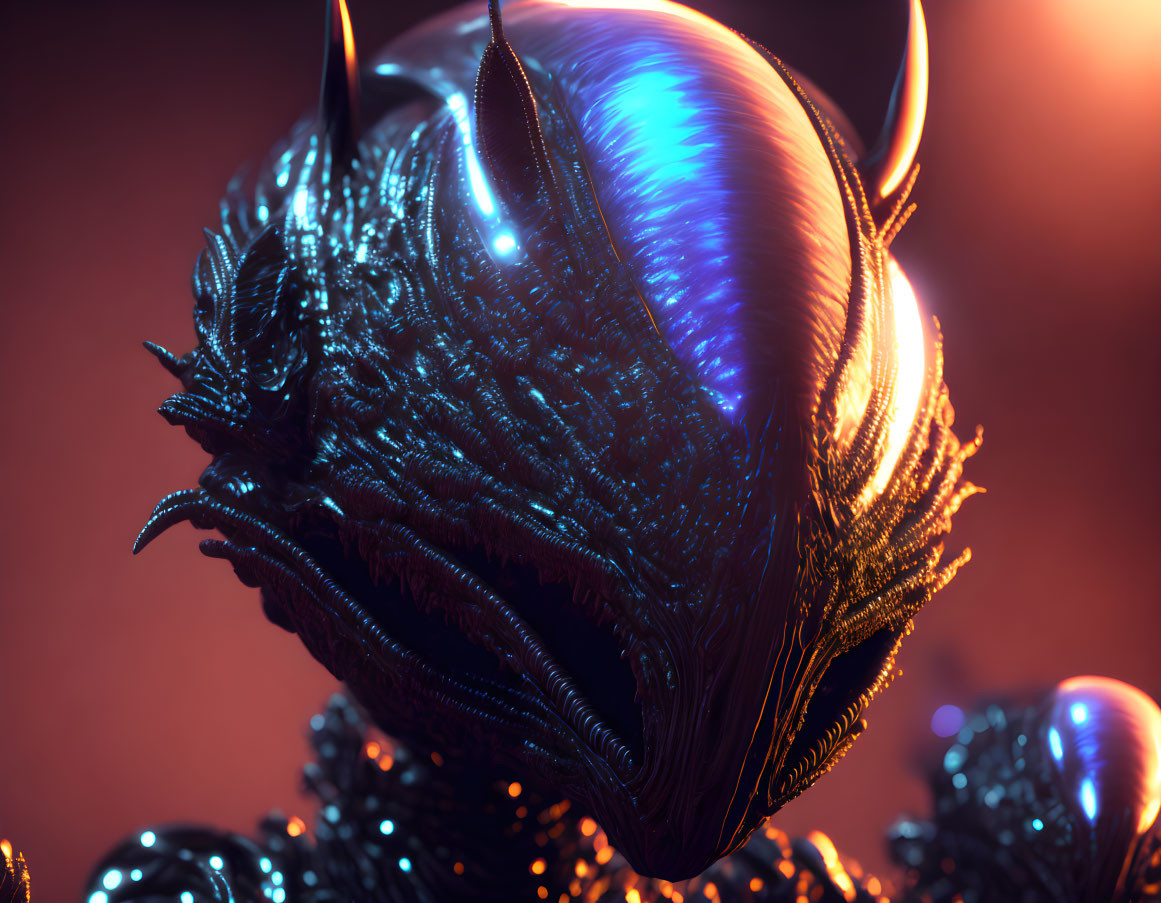 Detailed Close-Up of Metallic Alien Creature with Glowing Blue Accents