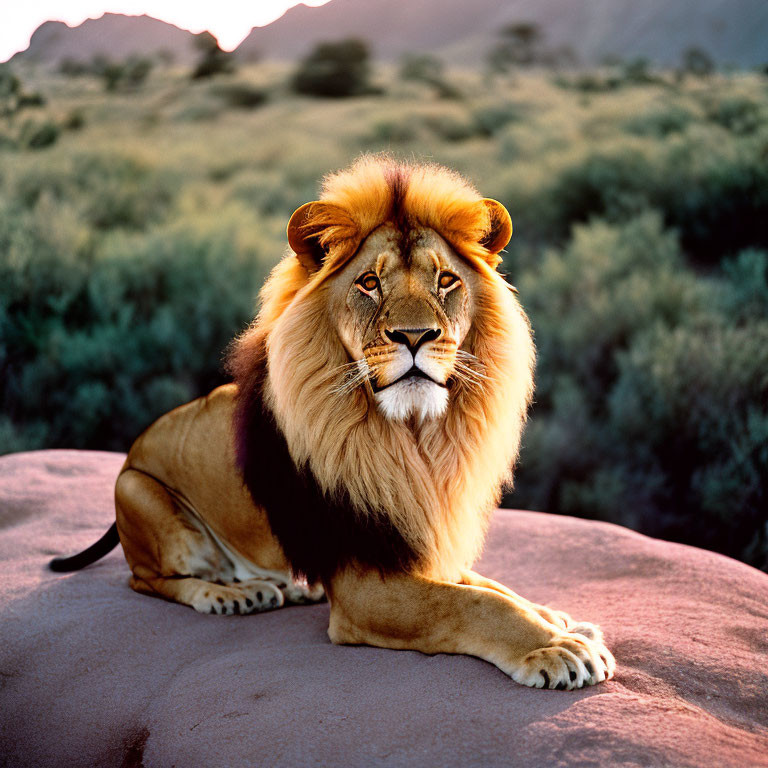 Majestic lion resting on rock in serene wilderness setting