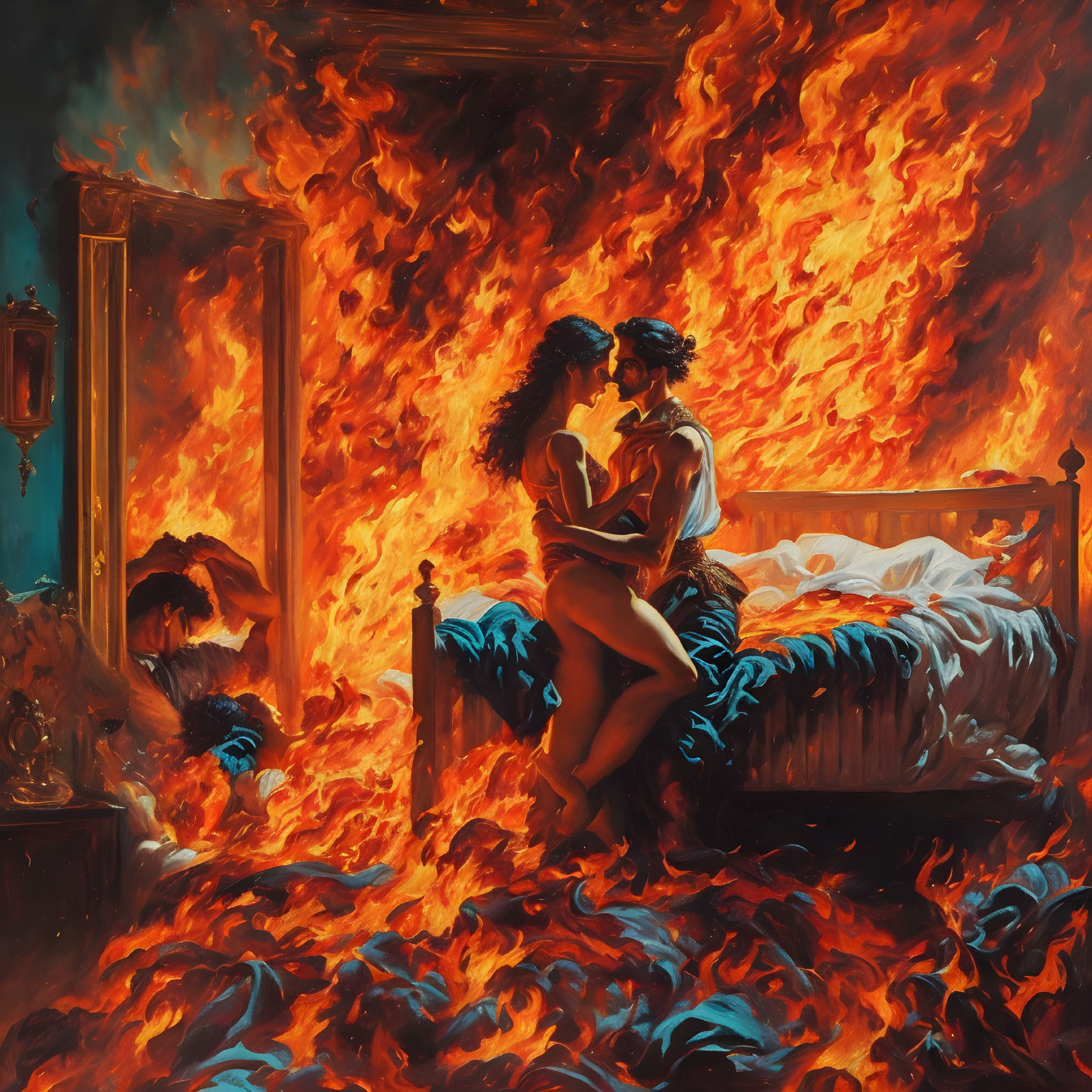 Couple embracing on bed engulfed in flames symbolizing passion and chaos