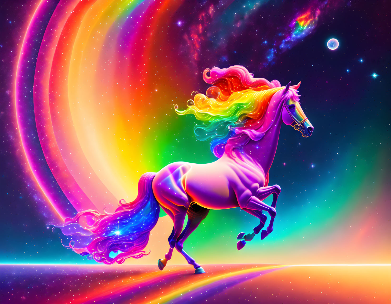 Colorful Unicorn with Rainbow Mane in Cosmic Setting