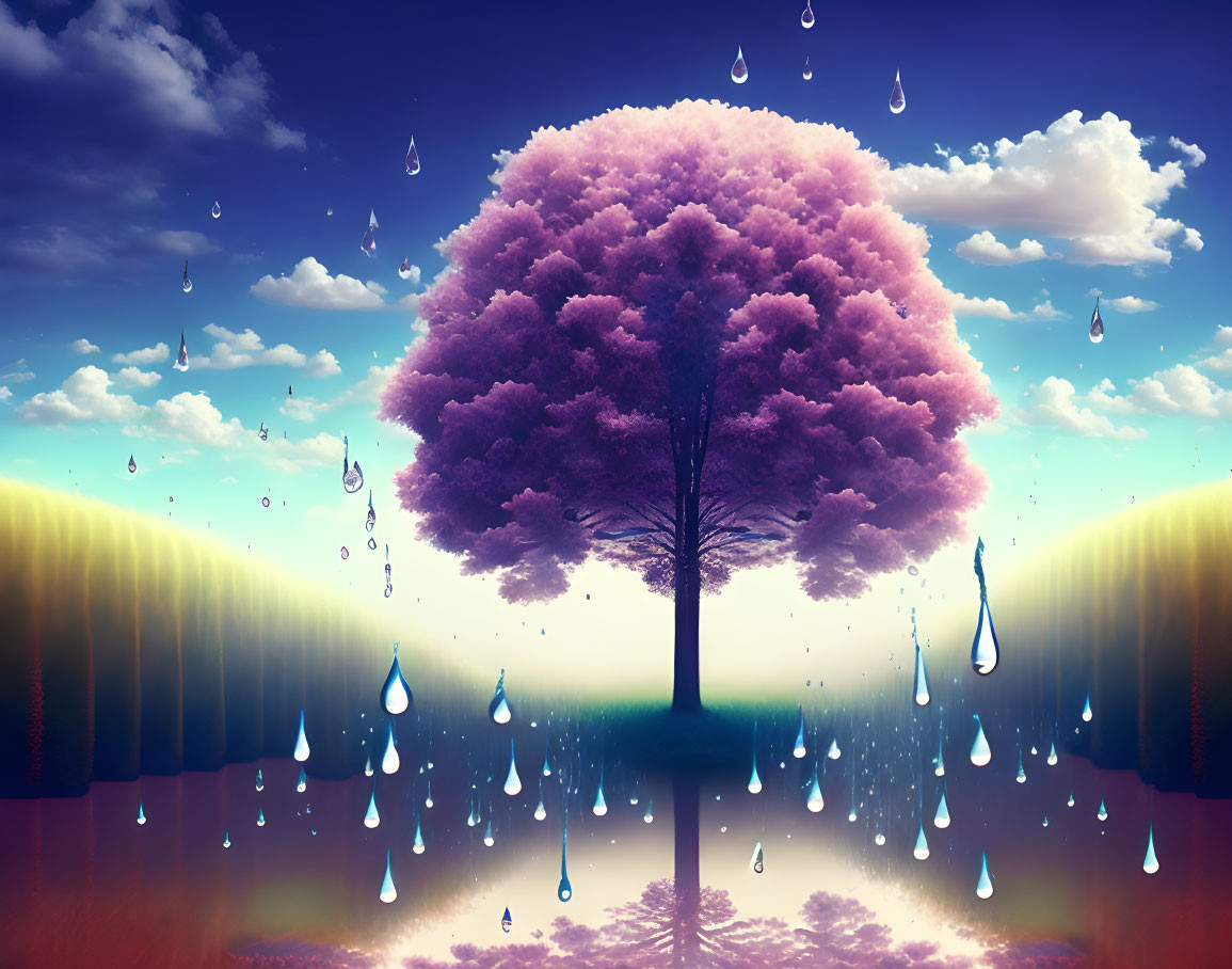 Colorful tree painting with pink foliage under blue sky, raindrops, and reflection.