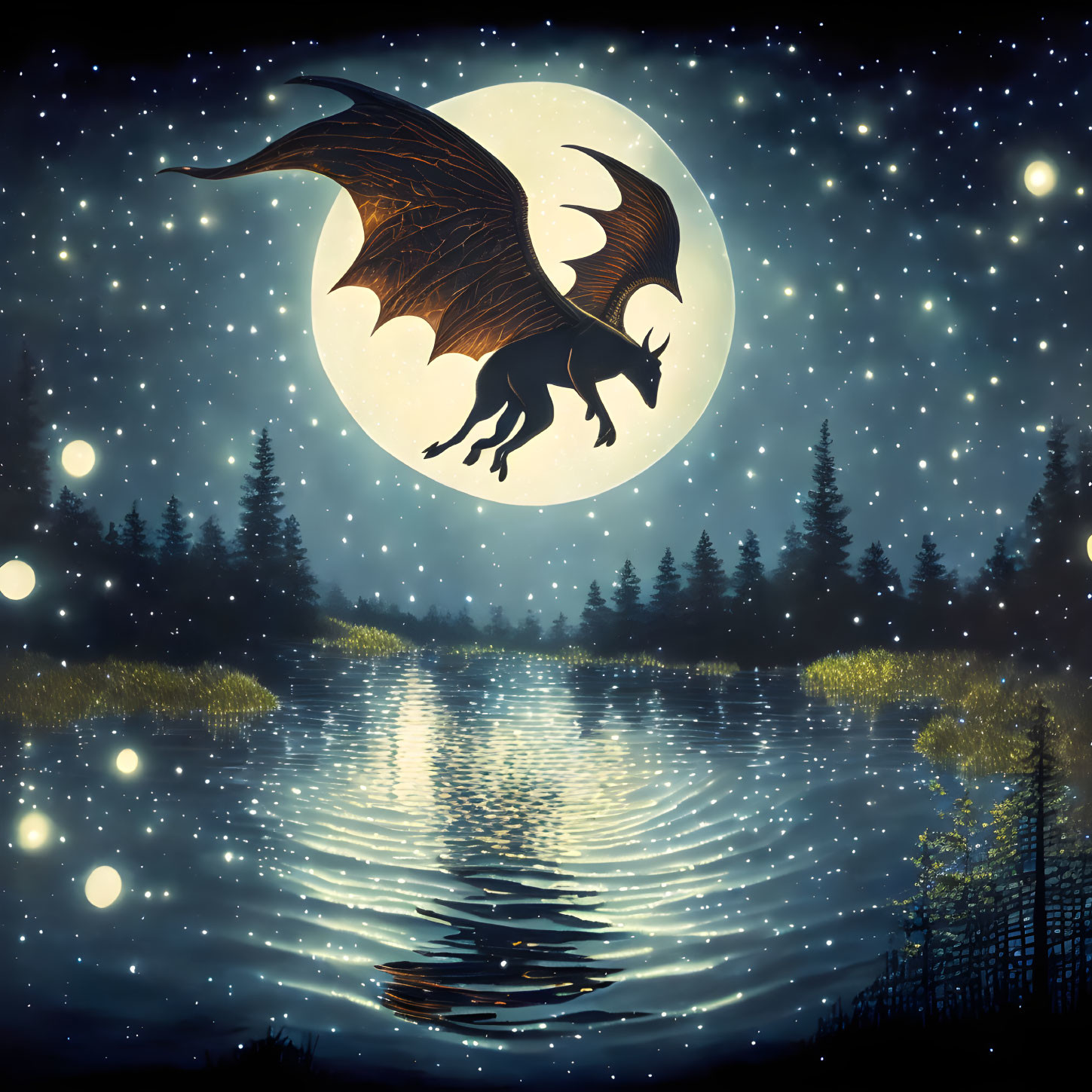 Mystical dragon silhouette against full moon above tranquil lake forest under starry sky