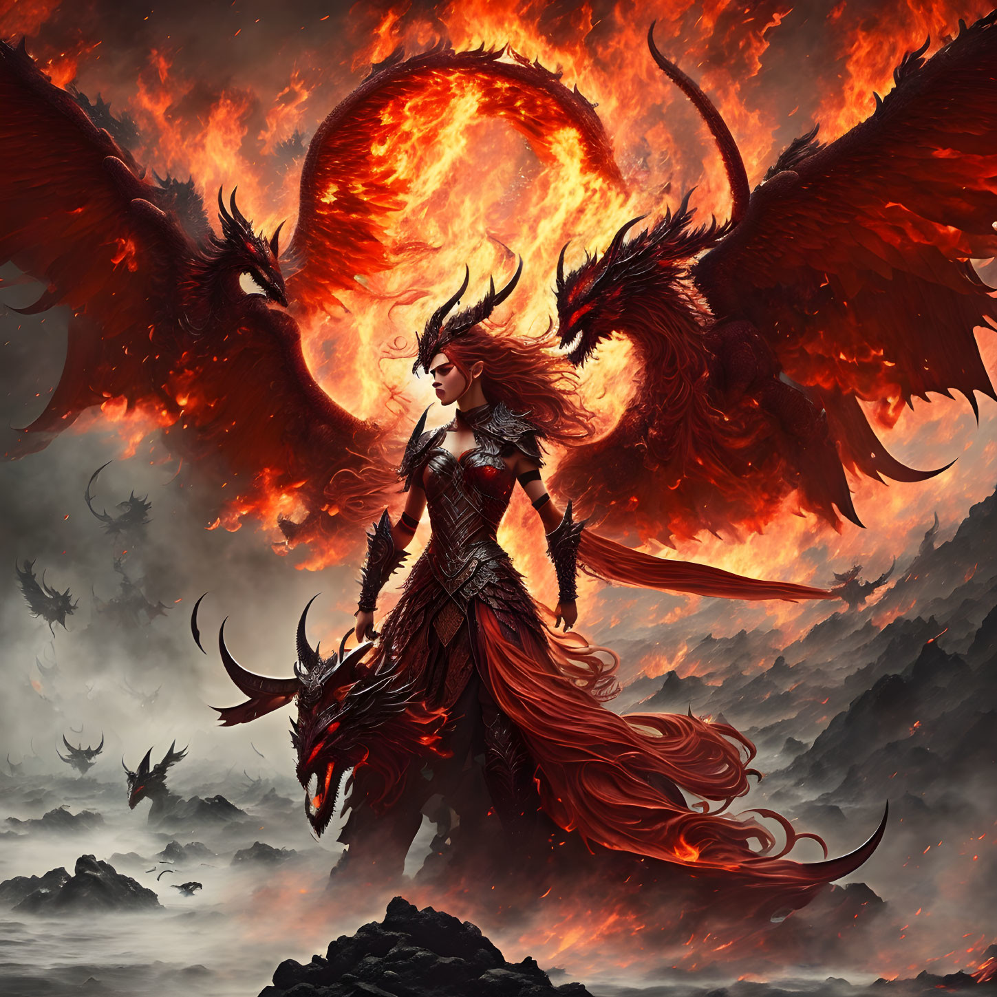 Fiery red winged figure in volcanic landscape with blazing sky circle