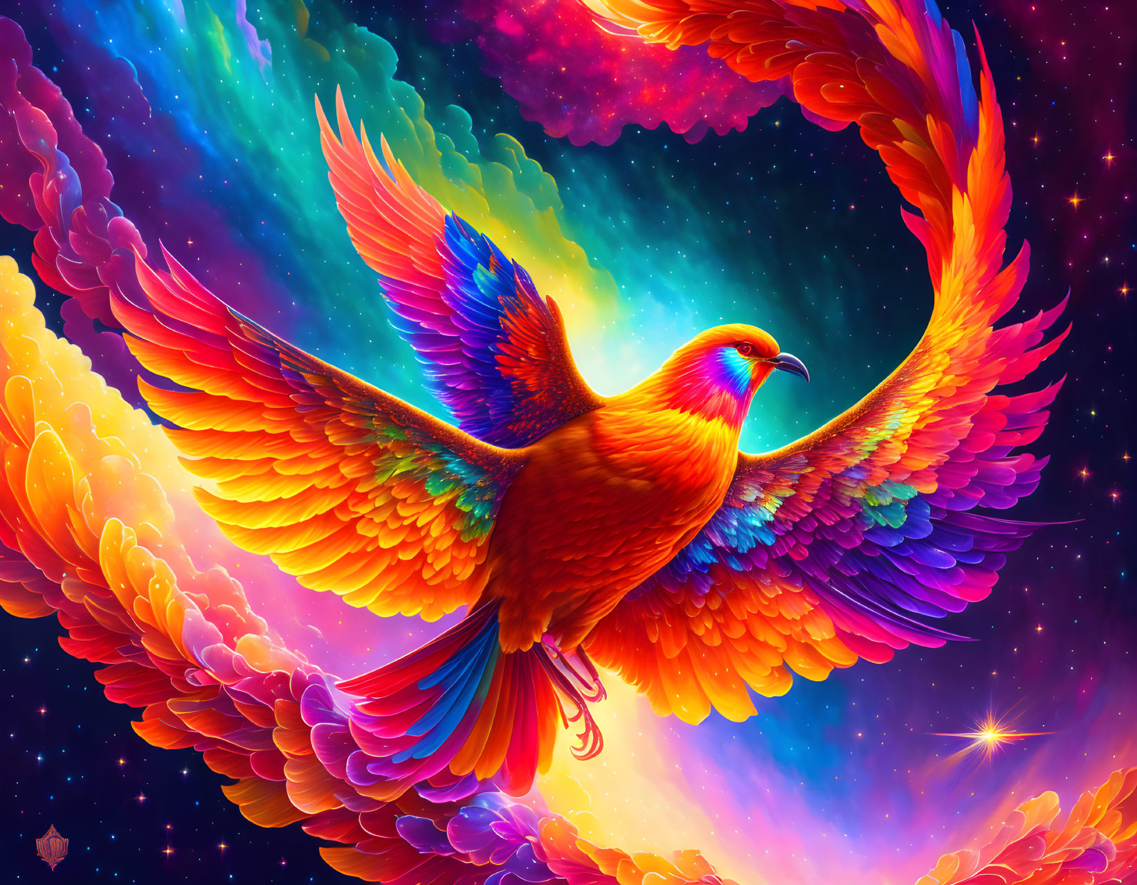 Colorful Phoenix Spreading Wings in Cosmic Space