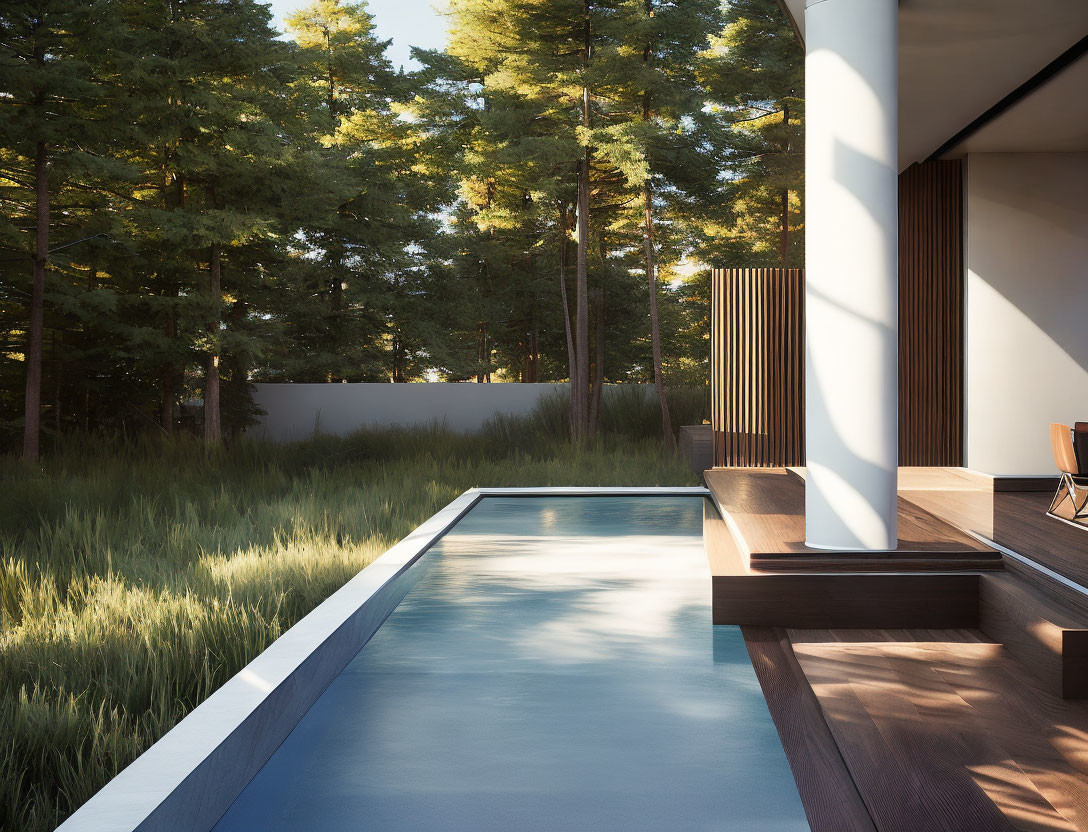 Contemporary Terrace with Narrow Pool, Wooden Deck, Tall Grass, and Pine Trees at Sunset