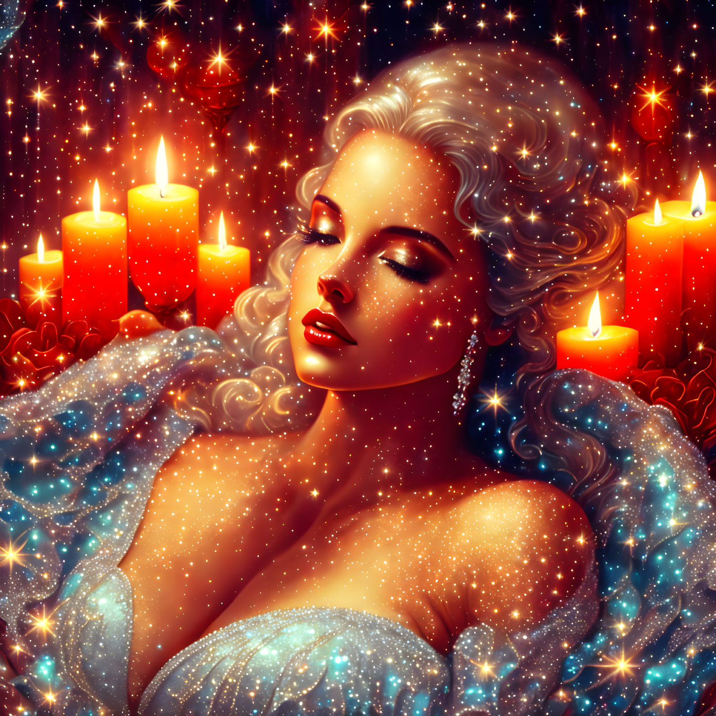 Starry Woman Illustration with Glittering Skin and Cosmic Background