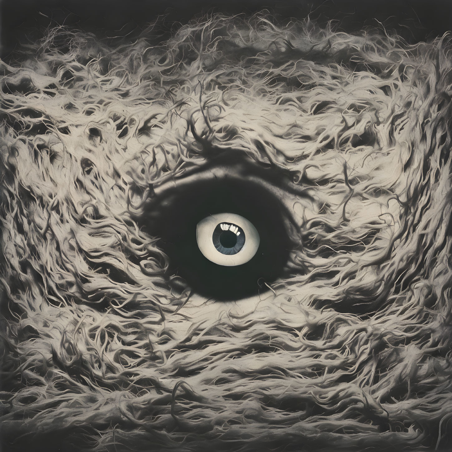 Surreal open eye with swirling white patterns on dark background