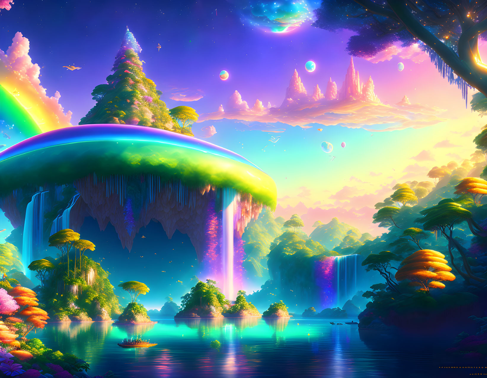 Fantasy landscape with floating islands, waterfalls, lush trees, and colorful flora