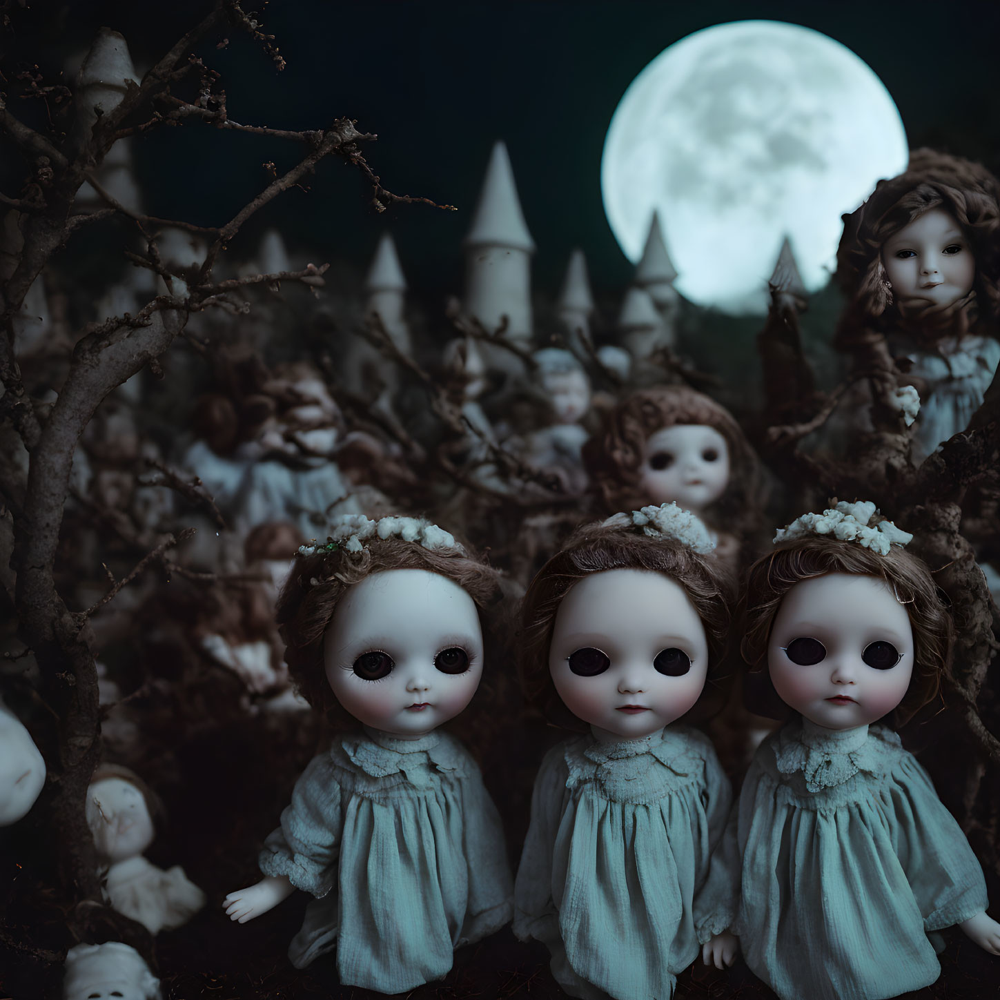 Porcelain dolls with dark eyes and flower crowns in front of castle silhouette at night