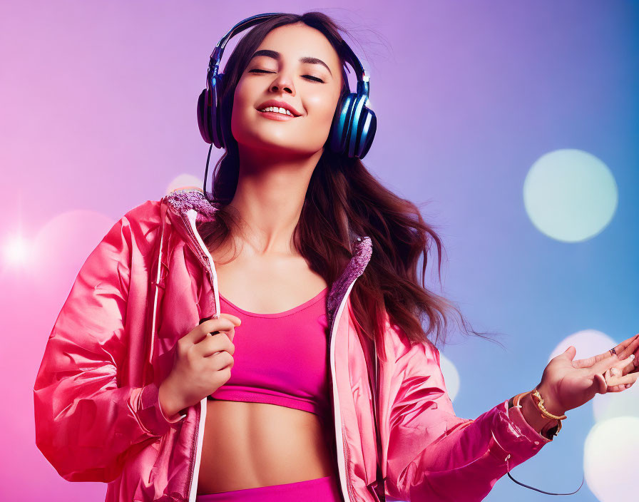 Young woman in pink jacket dancing against vibrant bokeh lights