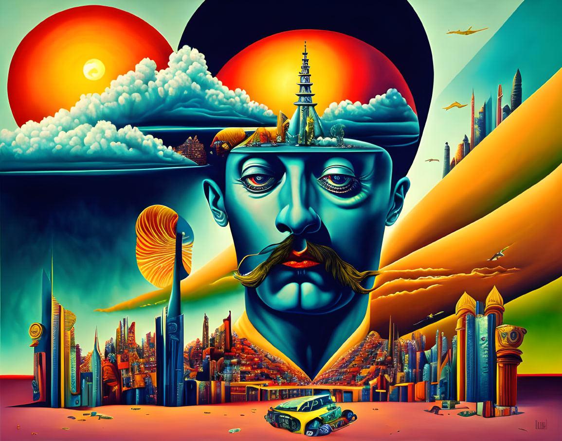 Colorful surreal cityscape with giant face, temples, vintage car, and sunset.